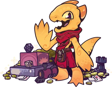 Morkor, a gold scaled kobold wearing red robes waving, with his hoard of tabletop treasures.
